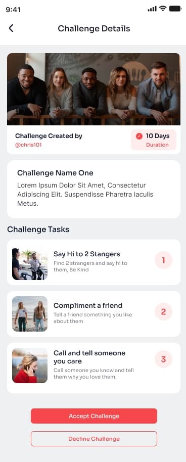 Challenge details showing tasks and accept/decline options