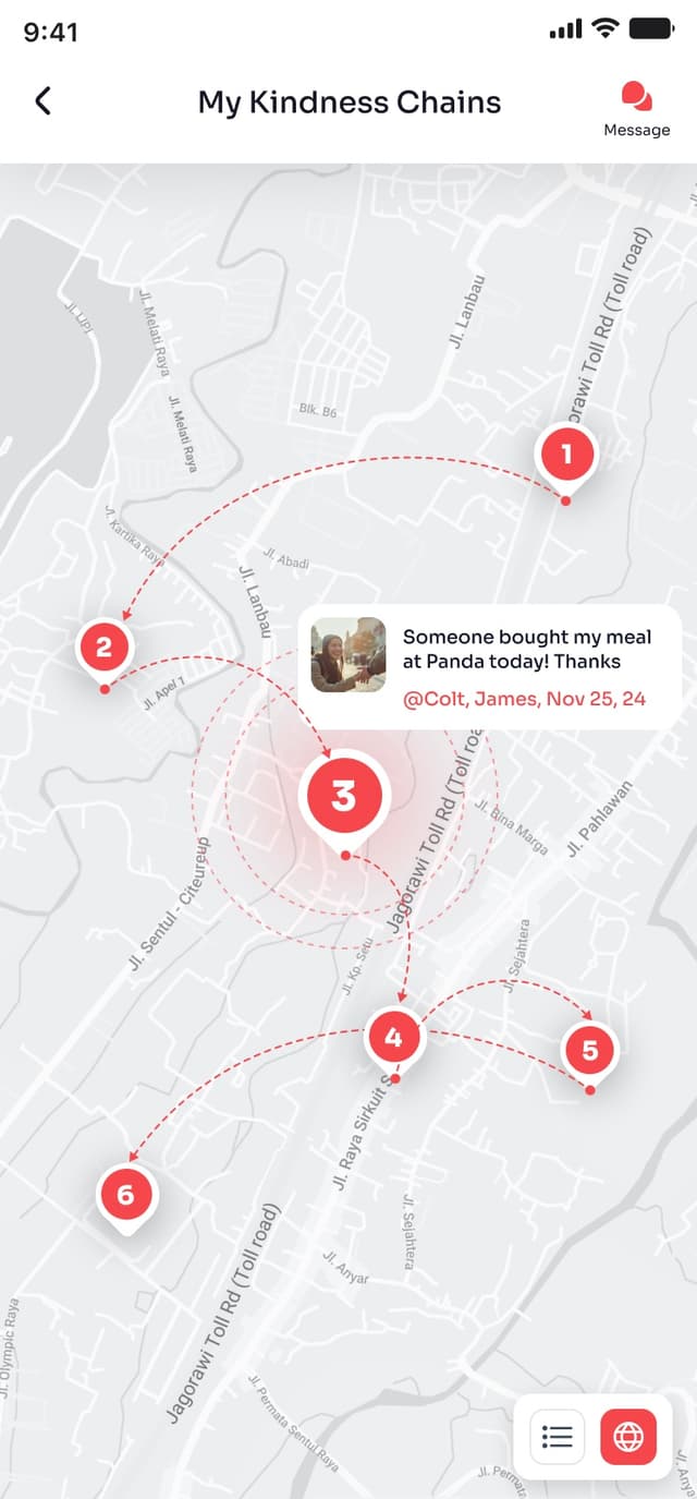 Kindness Chains Map showing connected acts of kindness