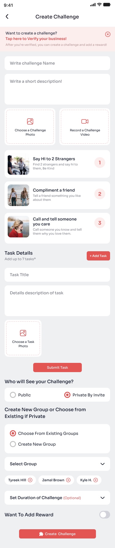 Create kindness challenge with custom tasks and photo options