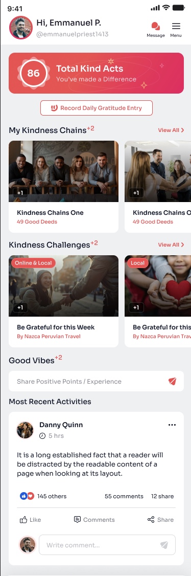 Kind Act app dashboard showing user stats and activities