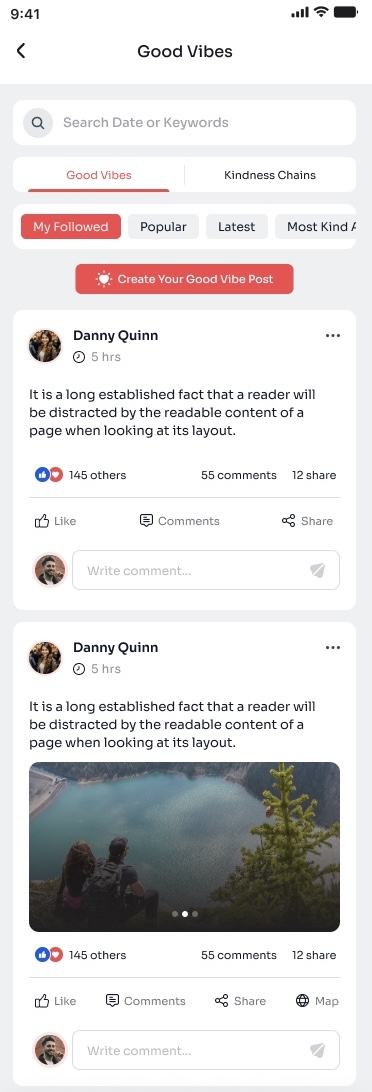 Good Vibes social feed with positive posts